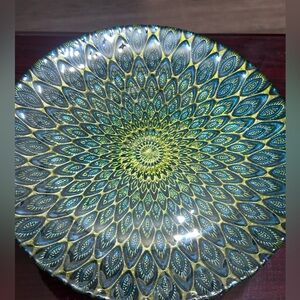 Platter Peakcock Teal Greed 3D Forged Silver Footed Stand 8.5” top 3” tall